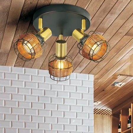 Versatile brass 3xE14 5W-3c-380mmx380mmx135mm-rattan shade iron base brass plated spotlight-505mmx240mmx470mm-8pcs